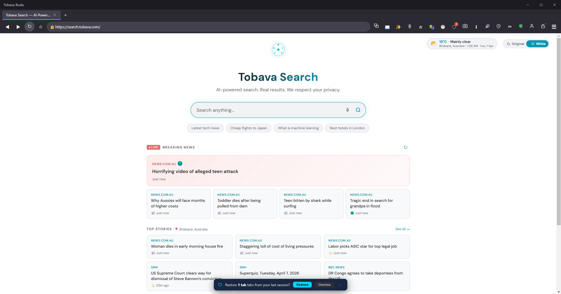 Tobava Koda — AI-powered home search screen
